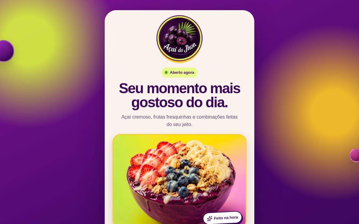Prévia do site Açaí do Jhon, projeto para açaiteria