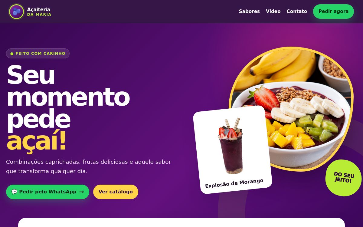 Prévia do mini site Açaí da Maria para pequeno negócio