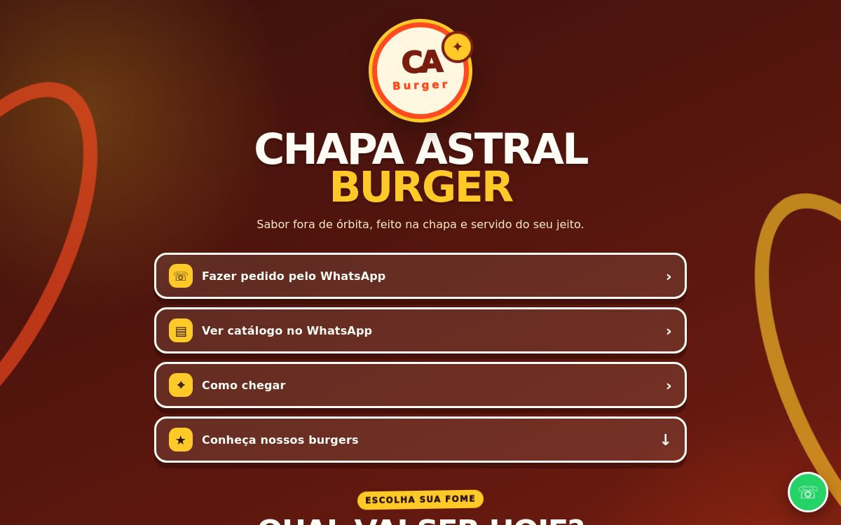 Prévia do site Astral Burger, projeto para hamburgueria
