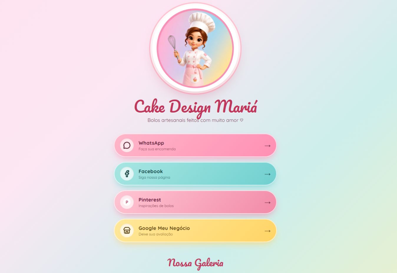 Prévia do site Mari's Cake Creations para confeitaria
